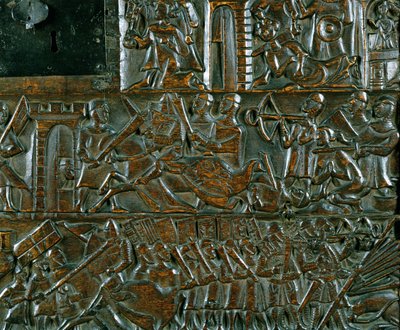 A Courtrai-láda, amely az 1302-ben, Courtraiban vívott Golden Spurs-csata két jelenetét ábrázolja (fa) (részlet) alkotó: Flemish School