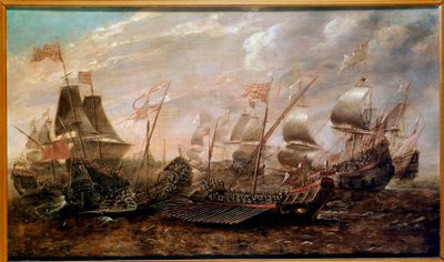 Az Invincible Armada haditengerészeti csata, amelyben a spanyol Armada vereséget szenvedett az angol flotta ellen 1588 augusztusában, flamand iskola alkotó: Flemish School
