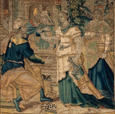 Az egyetemi gyűjtemények. Flamand kárpit. Jethro lányai elmondják apjuknak, hogy találkoztak Mózessel. Részlet. Oudenaarde. 1550 körül. alkotó: Flemish School
