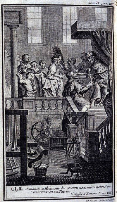 Ulysse a hazájába való visszatéréshez szükséges segítséget kér Alcinoustól (Alcinoos). Illusztráció az 1731-ben Amszterdamban kiadott Homere Odüszeusának VII. könyvéhez, az Odüszeusban, Milano Collection privee. alkotó: Flemish School