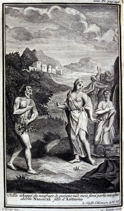 Ulysses megszökik a hajótörésből, és bár meztelenül, de kényszerűségből közeledik Nausicaához, Antinous (Antinoos) lányához. Illusztráció az 1731-ben Amszterdamban, Milánóban kiadott Homérosz Odüszeusának VI. alkotó: Flemish School