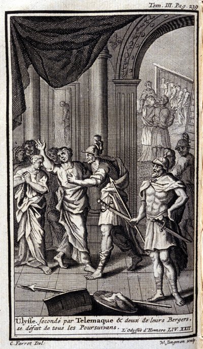 A Telemaque által második Ulysses és két pásztoruk feloszlatta az összes üldözőt. Lustráció a Homérosz Odüszeusának XXII. könyvéhez, az Odüsszeusban, 1731-ben Amszterdamban, Collection privee Milan. alkotó: Flemish School