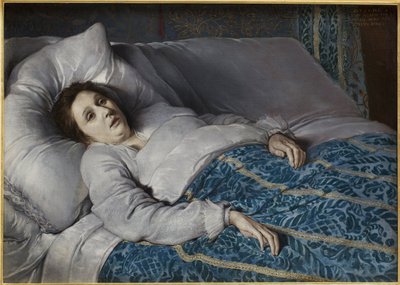 Fiatal nő a halálos ágyán. Névtelen festmény, olaj, vászon alkotó: Flemish School