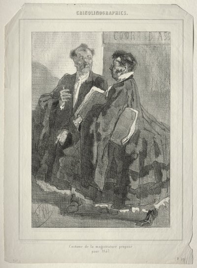 Krinolinográfiák. 1857-re javasolt bírói jelmez. alkotó: Félicien Rops