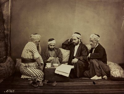 Album Damas et Baalbek: Egy csoport szíriaiak egy asztal körül ülve alkotó: Félix Bonfils