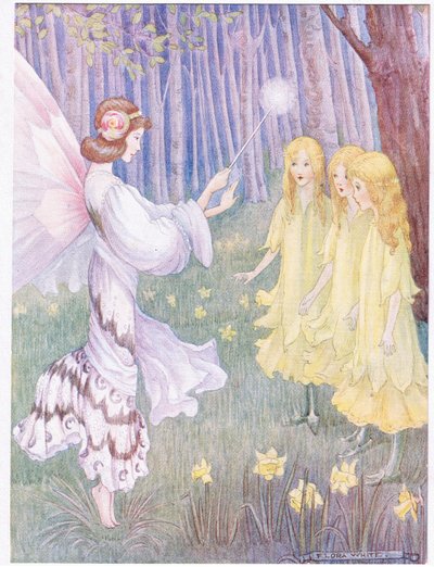 A nárcisz helyén három magas, csinos leány állt (színes litográfia). alkotó: Flora White
