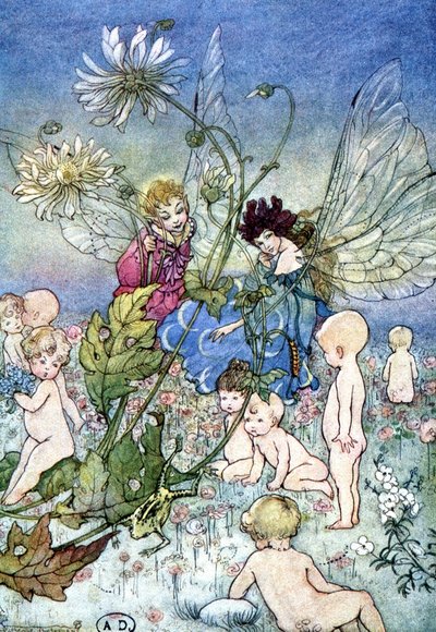 Szitakötő nő (tündér) és elf babákkal körülvéve - Fiona Malcom „My Fairyland” című művében, ill. Florence Anderson alkotó: Florence Anderson