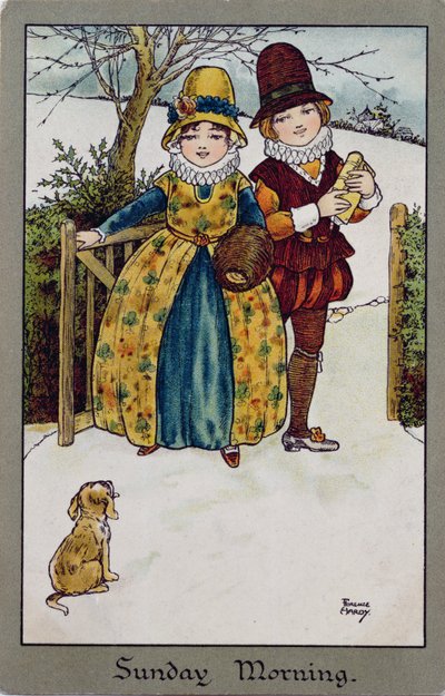 Vasárnap reggel, viktoriánus kártya (színes litográfia) alkotó: Florence Hardy