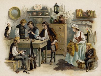 Jelenet A svájci Robinson családból: Apa felolvas a családnak a Rock Castle-ben (chromolitho) alkotó: Florence Maplestone