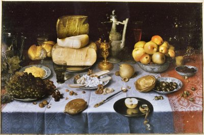 Holland: Csendélet gyümölccsel, sajttal, kenyérrel és borral Terített asztal sajttal és gyümölccsel alkotó: Floris van Dyck