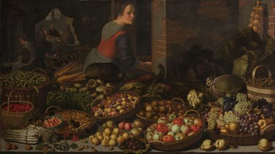 Csendélet gyümölcsökkel és zöldségekkel, Krisztus Emmausban a háttérben alkotó: Floris Gerritsz van Schooten