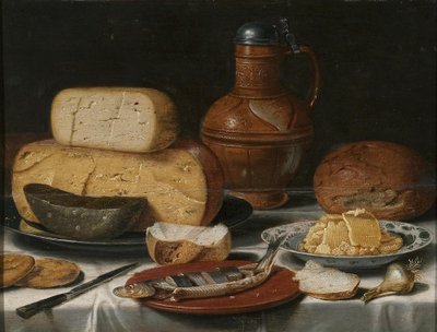 Csendélet sajttal, heringgel, kenyérrel és borral alkotó: Floris van Schooten