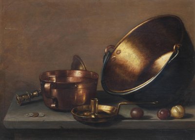 Csendélet rézedényekkel, edényekkel és szilvával egy kőpárkányon alkotó: Floris van Schooten