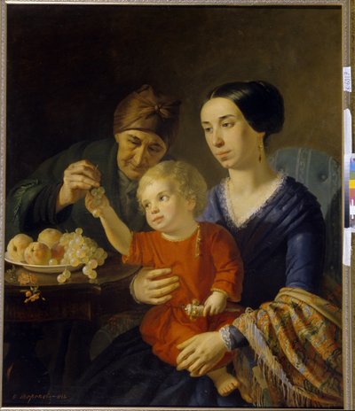 Családi portré. Egy csörgőt tartó baba édesanyja ölében kap egy kis szőlőt a nagymamától. Foma Gavrilovics Toropov (1821-1898) festménye, olaj, vászon alkotó: Foma Gavrilovich Toropov
