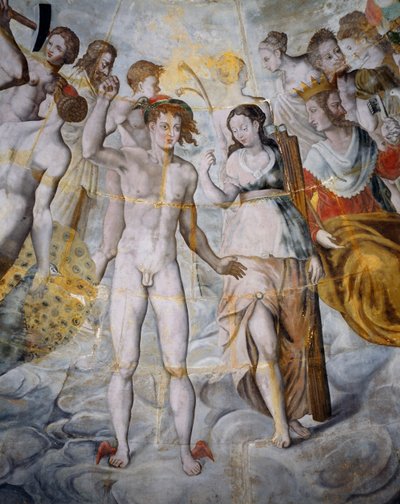 Merkúr, az istenek és a psziché hírnöke, jobb oldalon Janus, freskók Ligue aranyozott tornyában, Fontainebleau iskola, Tanlay kastély (16-17. század), Burgundia, Franciaország alkotó: Fontainebleau School