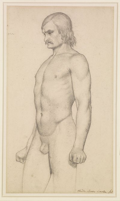 Férfi akt - Akadémiai tanulmány, háromnegyedes akt, bajusszal és ökölbe szorított ököllel alkotó: Ford Madox Brown