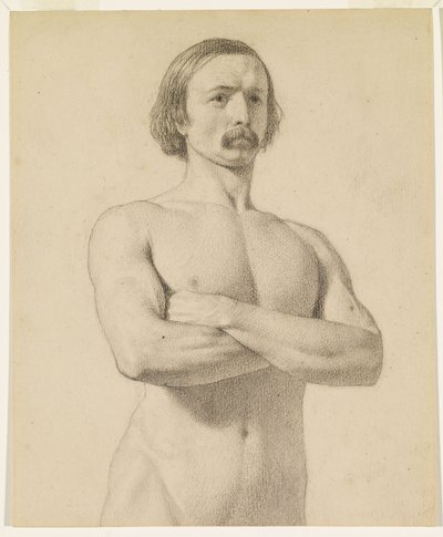 Férfi akt - Akadémiai akt tanulmány, félhosszú, bajusszal és összefont karokkal alkotó: Ford Madox Brown