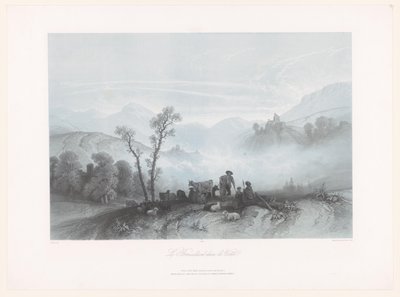 Pásztorok tehenekkel és juhokkal egy ködös völgyben Le Brouillard dans la Vallée (cím a tárgyon) alkotó: Fortuné Ferogio