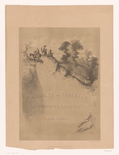 Címnyomat sziklatájjal és utazókkal a szurdok mentén Férogio táj- és alaktanulmányai (sorozat címe) Projets de tableaux de figures et paysages, par Férogio (sorozat címe az objektumon) alkotó: Fortuné Ferogio
