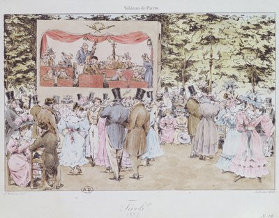 Zenés szórakozás a párizsi New Tivoli Gardensben, C. Motte metszetével, 1827 alkotó: Fortune Delarue