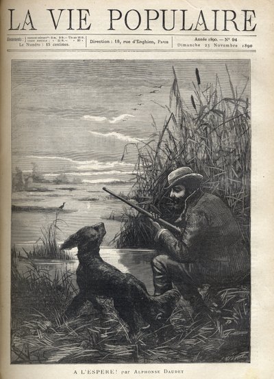Egy madárvadász a mocsárban figyel a kutyájával. F. Meaulle illusztrációja a „” szóhoz Remélhetőleg! „”: Alphonse Daudet (1840-1897). Metszet 1890-ből a „La vie populaire” c. Magángyűjtemény alkotó: Fortune Louis Meaulle