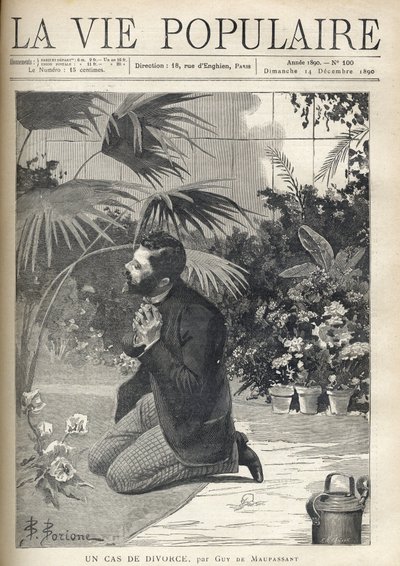 Egy kétségbeesett férfi térden állva imádkozik egy üvegházban. F. Meaulle illusztrációja B. Borione nyomán Guy de Maupassant (1850-1893) „A válás esetéhez”. Metszet 1890-ből a „La vie populaire” c. Magángyűjtemény alkotó: Fortune Louis Meaulle