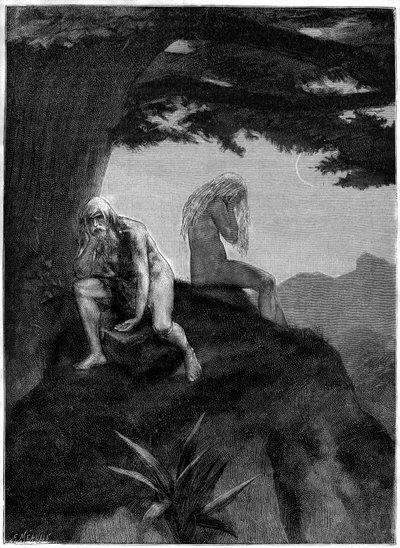 Ádám és Éva. Meaulle sírrajza, Victor Hugo "Les misheureux" című versének illusztrációja, a "Les contemplations" című gyűjteményben, Paul Ollendorff kiadása, 20. század eleje. alkotó: Fortune Louis Meaulle