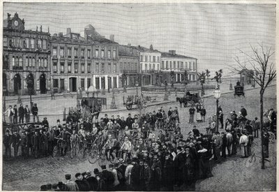 Indulás a Bordeaux-Párizsból (Bordeaux Paris) kerékpárverseny 1891-ben - Meaulle 1891-es metszet alkotó: Fortune Louis Meaulle