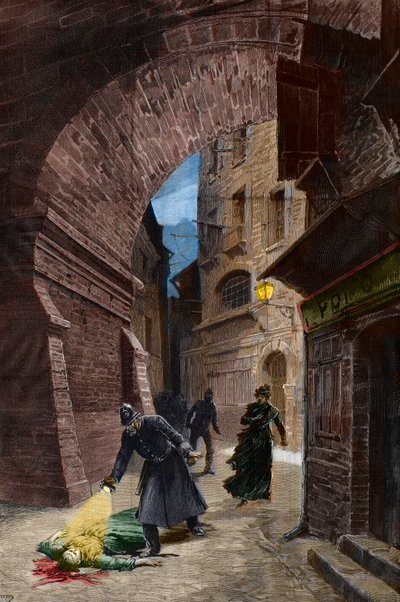 Hasfelmetsző Jack áldozatának felfedezése, Whitechapel, London alkotó: Fortune Louis Meaulle