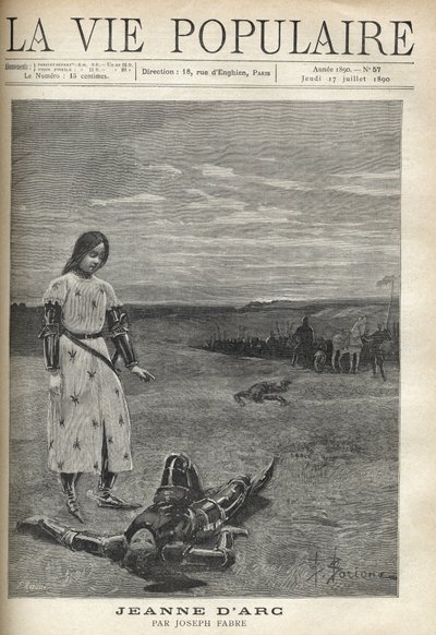 A fegyveres lovagok csapata előtt Jeanne of Arc páncélban, meztelen fejjel szomorúan nézi egy halott lovag testét a padlón, fejét vértócsában fürdeti. Illusztráció: Bernard Borione (1865-20. század), Joan of Arc számára, Joseph F. alkotó: Fortune Louis Meaulle
