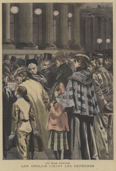 A brit nyilvánosság tagjai a búr háború híreit olvassák a londoni hadihivatal előtt alkotó: Fortune Louis Meaulle