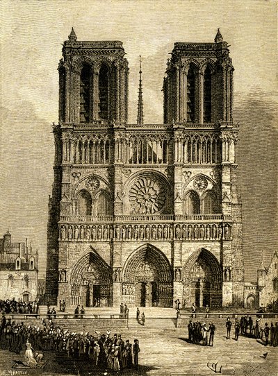 Notre-Dame de Paris (Notre-Dame) 1482-ben: nyugati homlokzat és parvis. F. Meaulle metszete, Viollet le Duc (Viollet-le-Duc) rajza alapján, amely Victor Hugo azonos című regényét illusztrálja, Ollendorff kiadás 20. század eleje. Balra lent, alkotó: Fortune Louis Meaulle