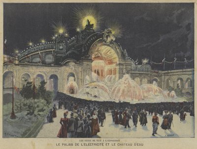 A Villamosenergia-palota és a Vízvár éjjel, Exposition Universelle 1900, Párizs alkotó: Fortune Louis Meaulle