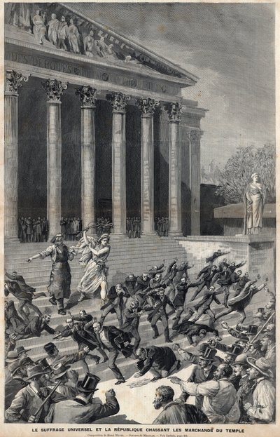 Az általános választójog és a kereskedőket kergető köztársaság a templomból – allegória a panamai ügy utóhatásairól – Meaulle metszete, Henri Meyer alkotó: Fortune Louis Meaulle