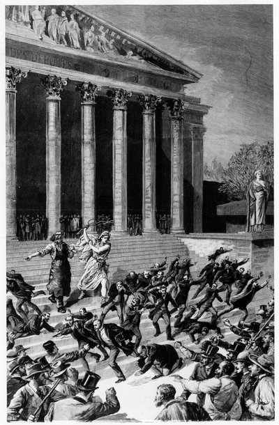 Általános választójog és a köztársaság, aki kiűzi a kereskedőket a templomból – 1892.12.25-i „” Le Journal illustré””-ben, Henri Meyer kompozíciója, Meaulle metszet. alkotó: Fortune Louis Meaulle
