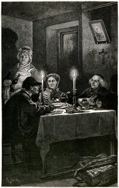 Victor Hugo "Les Miserables" Lix Meaulle által metszett illusztrációja: a Forcat és az Eveque. Jean Valjean, akinek az eveque Myriel felajánlotta a kórházat, utolsó menekülését követi el: a házigazda ezüst étkészletét. Az asztalon a két ezüst gyertyatartó alkotó: Fortune Louis Meaulle