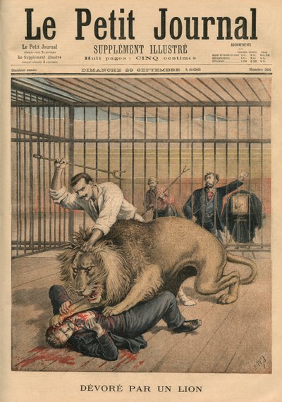 Oroszlán felfalja, a „Le Petit Journal” címlapjának illusztrációja, mellékelt illusztráció, 1895. szeptember 29. alkotó: Fortune Louis Meaulle and Henri Meyer