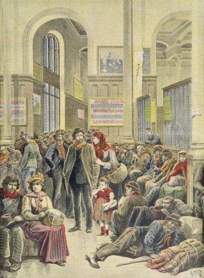 Olasz emigránsok a Gare Saint-Lazare pályaudvaron, a "Le Petit Journal" 1896. március 29-i számából. alkotó: Fortune Louis Meaulle and Henri Meyer