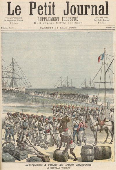 A szenegáli csapatok partraszállása a cotonoui New Wharfnál, a „Le Petit Journal”-ból, 1892. május 21. alkotó: Fortune Louis Meaulle and Henri Meyer