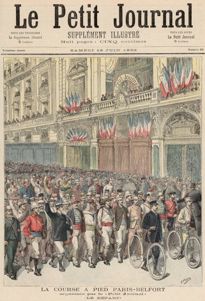 Az országúti verseny rajtja Párizstól Belfortig, a „Le Petit Journal”-ból, 1892. június 18. alkotó: Fortune Louis Meaulle and Henri Meyer
