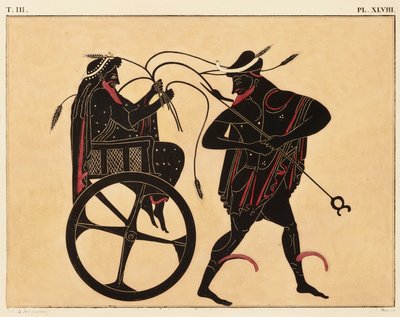 A díszlenyomat egy görög amforán, amelyen látható Triptolemus és Hermész, c. 1858 (akvarell és testfesték litó fölött, szőtt papíron) alkotó: Fourquemin Fourquemin