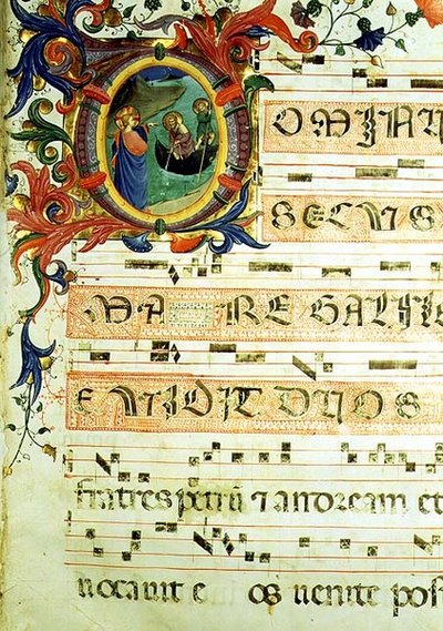 Ms 558 f.9r Történeti kezdetű „O”, amely Szent Péter és Szent András elhívását ábrázolja kottajelzéssel, egy misekönyv oldalának részlete, 1430-as évek eleje (vellum) (a részleteket lásd: 78833 és 88929) alkotó: Fra (c.1387 1455) Angelico