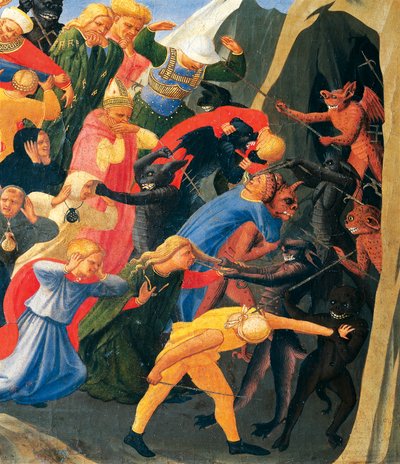 A pokol démonokkal szerveződik átkozott, részlet Giovanni da Fiesole Utolsó ítéletéből, Fra Angelico néven (1400-1455 körül), tempera fán alkotó: Fra (c.1387 1455) Angelico