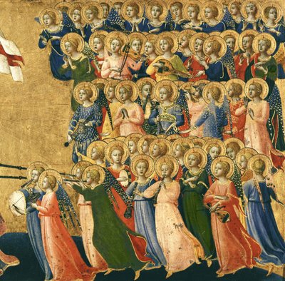 Krisztus megdicsőült a menny udvarában, zeneangyalok részlete jobbról, 1419-35 (tempera a panelen) (4052 részlet) alkotó: Fra Angelico