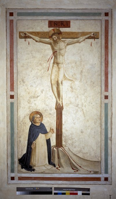 Keresztre feszítés Szent Domonkossal. "INRI"" felirat a kereszten. Guido di Pietro freskója alkotó: Fra Angelico