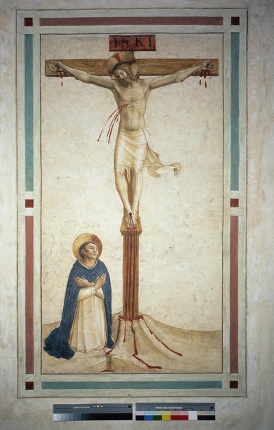 A keresztre feszítés Szent Domonkossal. "INRI"" felirat a kereszten. Guido di Pietro freskója alkotó: Fra Angelico