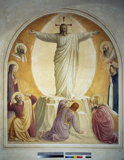 Krisztus színeváltozása. A háttérben Mózes és Illés arca látható. Alább a Szűzanya és Szent Domonkos látható. Aztán a földön, 3 apostol. Guido di Pietro freskója alkotó: Fra Angelico