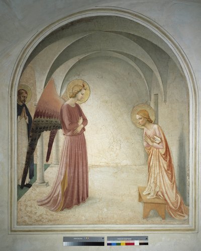 Az Angyali üdvözlet. Szent Péter vértanú áll Gábriel arkangyal mögött, aki bejelenti Szűz Máriát. Guido di Pietro freskója alkotó: Fra Angelico