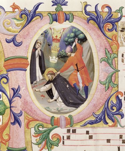 Mise 558 f.68v Történeti kezdetű „P”, amely Szent Péter vértanú meggyilkolását ábrázolja alkotó: Fra Angelico