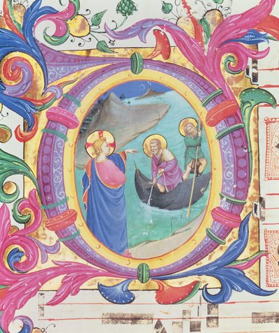 Mise 558 f.9r Történeti kezdetű O, amely a halak csodálatos vízrajzát ábrázolja (88928 részlete) alkotó: Fra Angelico
